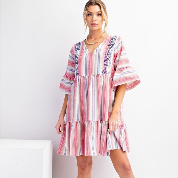 easel Dresses & Skirts - EASEL Striped Multicolor V-Neck Embroidered Tiered Dress with pockets | size L